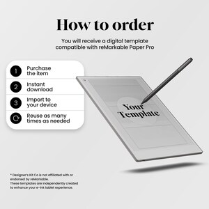 以下が含まれることがあります： reMarkable Paper Proタブレット用のデジタルテンプレート。画像には「How to order」「Purchase the item」「Instant download」「Import to your device」「Reuse as many times as needed」という手順が表示されています。タブレットの画面上にはスタイラスペンが置かれています。