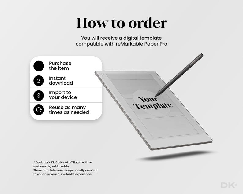 以下が含まれることがあります： reMarkable Paper Proタブレット用のデジタルテンプレート。画像には「How to order」「Purchase the item」「Instant download」「Import to your device」「Reuse as many times as needed」という手順が表示されています。タブレットの画面上にはスタイラスペンが置かれています。