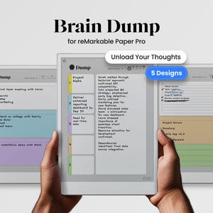 Op de afbeelding: Een digitale tablet met notities met de tekst "Brain Dump" en "Unload Your Thoughts." De tablet toont verschillende lijsten en notities met gekleurde achtergronden. De tekst "5 Designs" is ook zichtbaar.