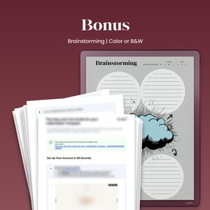 May include: A digital tablet displaying a brainstorming template with a cloud graphic and lined circles. The tablet is set against a burgundy background with the word "Bonus" and "Brainstorming | Color or B&W" in white text. A stack of papers is in the foreground.