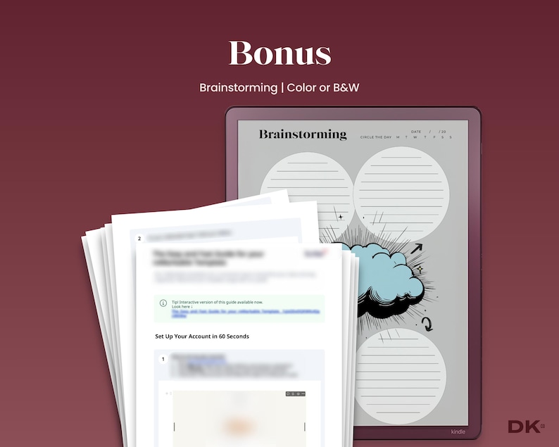May include: A digital tablet displaying a brainstorming template with a cloud graphic and lined circles. The tablet is set against a burgundy background with the word "Bonus" and "Brainstorming | Color or B&W" in white text. A stack of papers is in the foreground.