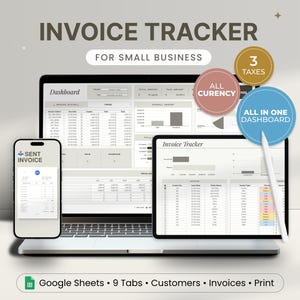 Könnte beinhalten: Ein digitaler Rechnungsverfolger für kleine Unternehmen, angezeigt auf einem Laptop, Tablet und Smartphone. Der Laptop zeigt ein Dashboard, während Tablet und Telefon Rechnungsdetails anzeigen. Der Text "Invoice Tracker" und "For Small Business" ist enthalten.
