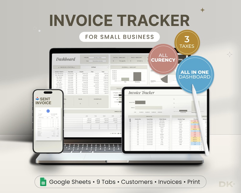 Invoice tracker and payment manager for Google Sheets and Excel shown on a laptop — a small business invoice template, invoice generator, client payment dashboard and bookkeeping spreadsheet for tracking billing and cash flow.