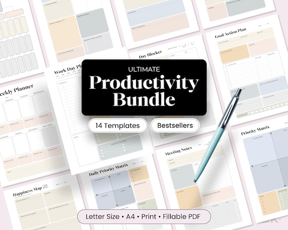 Digital Planner PDF Productivity Planner Download Work From Home Time Management System Gift for Coworker Meeting Note Template Student