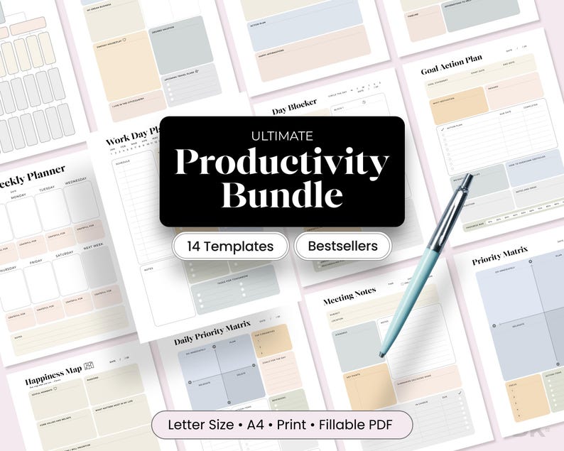 Digital Planner PDF Productivity Planner Download Work From Home Time Management System Gift for Coworker Meeting Note Template Student