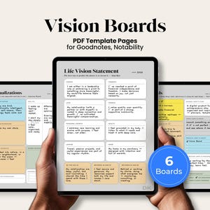 Könnte beinhalten: Ein digitales Produktbild zeigt drei Tablets mit Vision Board-Vorlagen. Der Text "Vision Boards" und "PDF Template Pages" befindet sich oben. Das zentrale Tablet zeigt ein "Life Vision Statement" mit verschiedenen Abschnitten. Ein blauer Kreis zeigt "6 Boards".