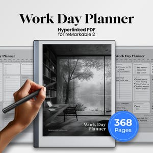 Może przedstawiać: Cyfrowy planer dnia pracy dla reMarkable 2, z tekstem "Work Day Planner" i "Hyperlinked PDF". Planer jest wyświetlany na tablecie z rysikiem. Obraz zawiera również niebieskie koło z tekstem "368 Pages".