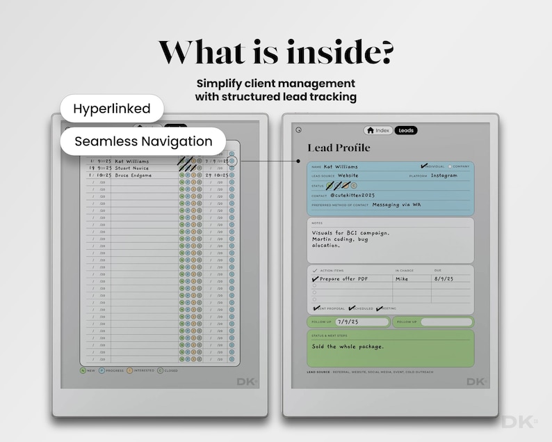 Leads Tracker for reMarkable Pro Template Client Tracker Lead Log fits reMarkable Paper Pro Sales Agency Potential Clients Notebook Manager