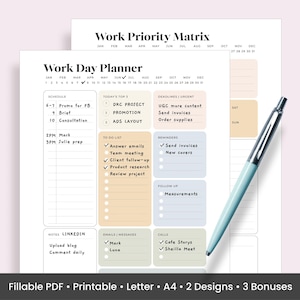 Work Day Planner Template, Task Management (Fillable PDF, Printable)
