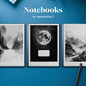 以下が含まれることがあります： 異なるデザインの白黒のデジタルノート3冊。ノートはreMarkable 2タブレット用です。画像の上部に「Notebooks for reMarkable 2」というテキストがあります。