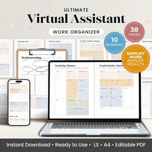 May include: A digital work organiser with the text "ULTIMATE Virtual Assistant WORK ORGANIZER." The image shows a laptop, smartphone, and several printed pages with planning templates. Includes the text "Instant Download • Ready to Use • LS • A4 • Editable PDF."