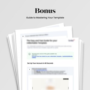 May include: A stack of white paper documents titled Bonus Guide to Mastering Your Template. The pages feature black text, numbered sections, and a small DK logo in the bottom right corner. The content includes instructions for setting up an account.