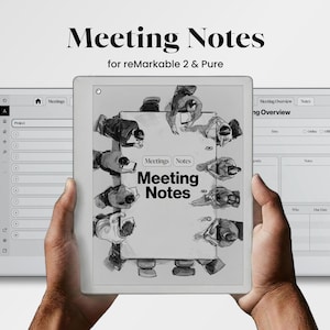 Agenda de atas de reunião para reMarkable 2 e reMarkable Pure Tracker, modelo de planejador de atas de reunião, caderno em PDF com hiperlinks, modo escuro.