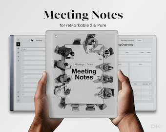 Könnte beinhalten: Eine digitale Planervorlage für reMarkable 2 und Pure Tablets mit einem Meeting Notes-Deckblatt, das eine schwarz-weiße Illustration von Personen an einem Konferenztisch zeigt, sowie zwei weiteren Bildschirmansichten mit Meeting-Layouts.