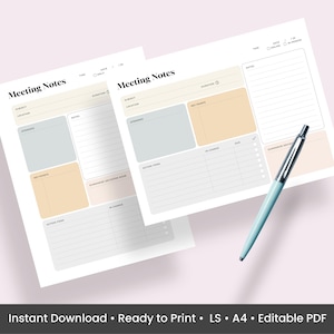 Plantilla de notas de reunión (PDF) Descargar agenda, planificador para equipo, seguimiento de reuniones remotas, organizador para oficina, suministros, descarga digital