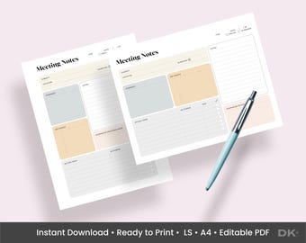 Meeting Notes Template PDF Download Agenda Planner for Team Remote Meeting Tracker Organizer for Business Office Supply Digital Download
