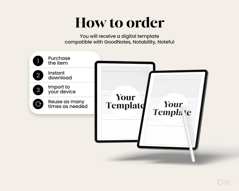 以下が含まれることがあります： デジタルテンプレート製品の画像。黒いベゼルと白い画面の2つのタブレットに「Your Template」というテキストが表示されています。白いスタイラスが1つのタブレットに置かれています。画像には「How to order」という指示が含まれています。