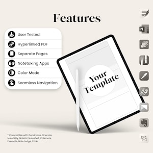 Puede incluir: Una tableta digital con marco negro y l&aacute;piz &oacute;ptico blanco, que muestra el texto "Your Template". La imagen tambi&eacute;n presenta una lista de funciones, incluyendo "User Tested" y "Hyperlinked PDF". La palabra "Features" est&aacute; en la parte superior.