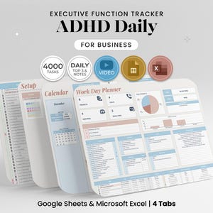 Może przedstawiać: Cyfrowy planer "ADHD Daily" dla biznesu, z zakładkami do konfiguracji, kalendarza i planowania dnia pracy. Planer zawiera sekcje zadań, notatek i samouczków wideo. Przeznaczony do użytku z Arkuszami Google i programem Microsoft Excel.