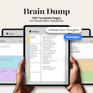 Puede incluir: Una plantilla PDF digital para Goodnotes y Notability, titulada "Brain Dump". La imagen muestra a una persona sosteniendo una tableta que muestra una página "Dump" con secciones para notas y un botón "5 Designs". El texto "Unload Your Thoughts" también es visible.
