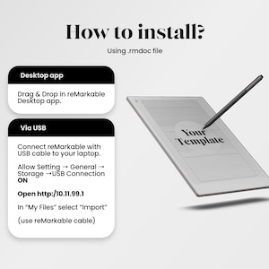 Pode incluir: Um gr&aacute;fico instrutivo em fundo branco com o texto "How to install?" e instru&ccedil;&otilde;es para instalar um arquivo em um tablet reMarkable. A imagem mostra um tablet com uma caneta e o texto "Your Template".