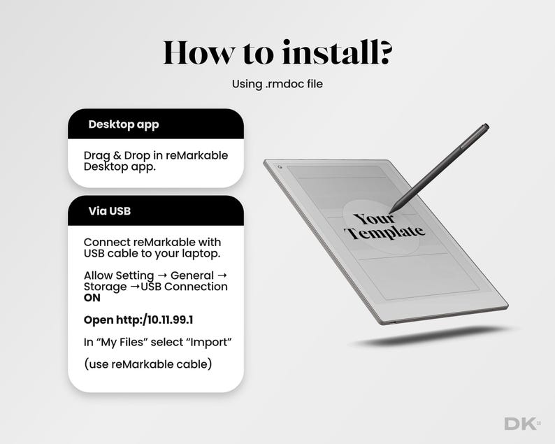 Pode incluir: Um gr&aacute;fico instrutivo em fundo branco com o texto "How to install?" e instru&ccedil;&otilde;es para instalar um arquivo em um tablet reMarkable. A imagem mostra um tablet com uma caneta e o texto "Your Template".