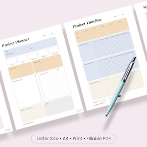 May include: A set of printable project planner and timeline pages featuring soft pastel color blocks in blue, yellow, and gray. The sheets include sections for project tasks, milestones, and meeting notes, with a light blue pen resting on top.