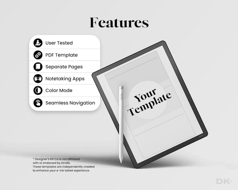May include: A digital tablet with a white stylus, featuring the text "Your Template" on the screen. The image highlights features like PDF template and color mode. The word "Features" is at the top.