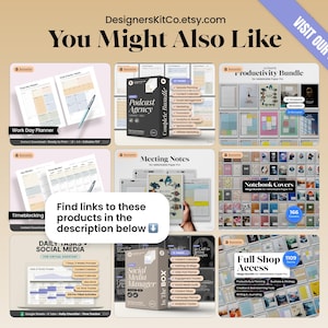 May include: A promotional image showcasing various digital planning products. The image features a grid layout with product mockups, including planners, bundles, and notebook covers. Text overlays include product names and calls to action, such as "You Might Also Like" and "Visit Our Shop."