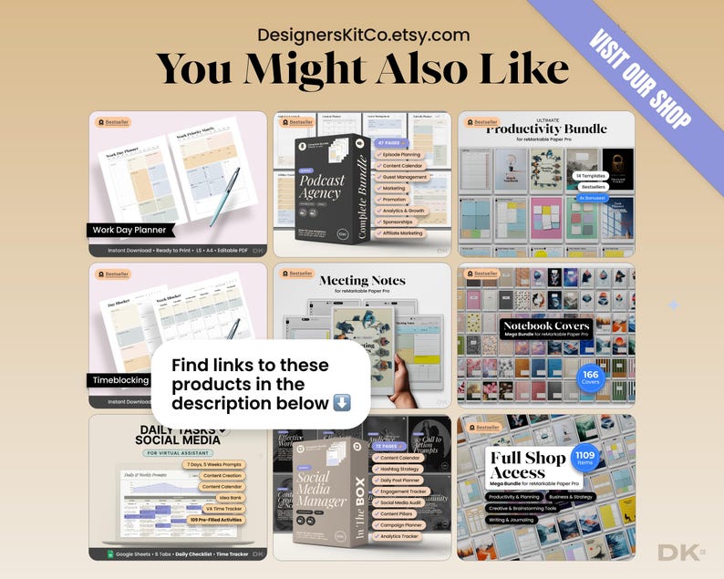 May include: A promotional image showcasing various digital planning products. The image features a grid layout with product mockups, including planners, bundles, and notebook covers. Text overlays include product names and calls to action, such as "You Might Also Like" and "Visit Our Shop."