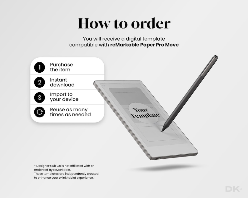 May include: A digital template for reMarkable Paper Pro Move. The image shows a tablet with a stylus, and the text "How to order" is at the top. The steps are listed: Purchase, Instant download, Import to your device, and Reuse as many times as needed.