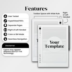 Pu&ograve; includere: Due tablet digitali con uno stilo, che mostrano un modello con il testo Your Template. Le funzionalit&agrave; elencate includono User Tested, Hyperlinked PDFs, Separate Pages, Right or Left Handed, Color or BW Mode, Seamless Navigation.