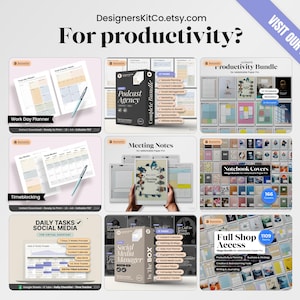 May include: A digital productivity bundle for Remarkable Paper Pro featuring various templates including work day planners, timeblocking sheets, meeting notes, notebook covers, social media manager tools, and a full shop access collection with text.