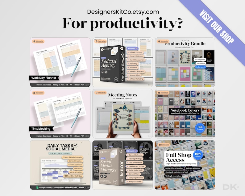 May include: A digital productivity bundle for Remarkable Paper Pro featuring various templates including work day planners, timeblocking sheets, meeting notes, notebook covers, social media manager tools, and a full shop access collection with text.