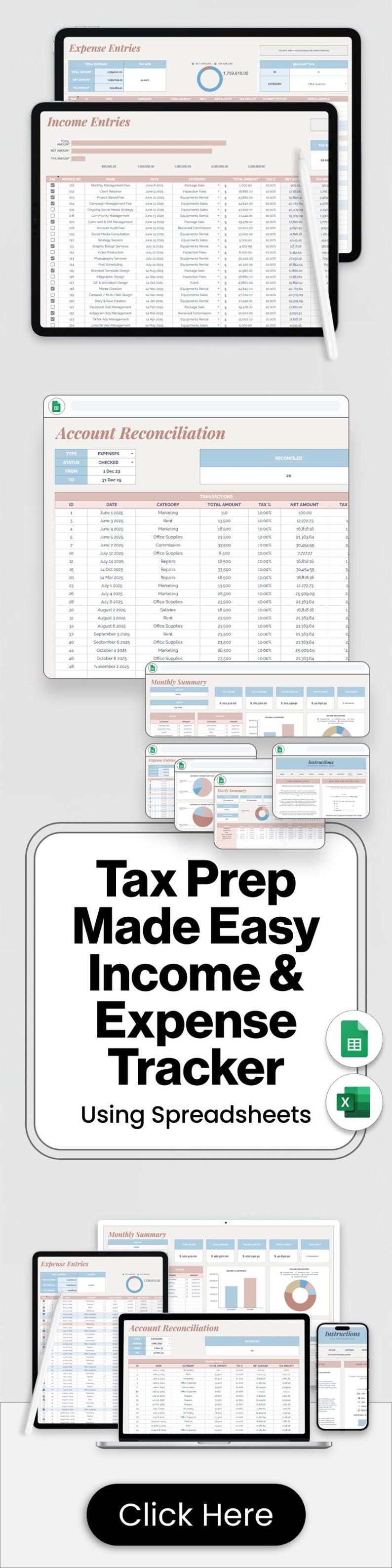 Small Business Spreadsheet Tax Preparation Digital Template Excel Accounting System Organization Financial Tracking Tool Entrepreneur Bookkeeping Solution Google Sheets Business Finance Expense Tracker Monthly Report Seven Tabs Automated