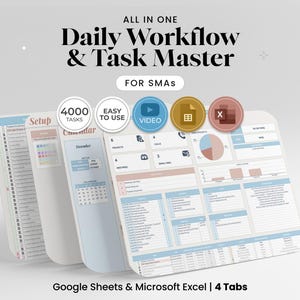 May include: A digital planner titled "Daily Workflow & Task Master" for SMAs. The planner includes tabs for setup, calendar, and task management. The design features a light blue, white, and peach color scheme. The planner is compatible with Google Sheets and Microsoft Excel.