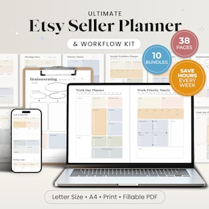 Może przedstawiać: Zestaw planera i przepływu pracy dla sprzedawcy Etsy jest wyświetlany na laptopie, smartfonie i wydrukowanych stronach. Planer zawiera plany działania celów, notatki ze spotkań i macierze priorytetów. Obraz pokazuje również tekst "38 stron", "10 pakietów" i "Save hours every week". Planer jest w formacie A4, do druku i wypełniania PDF.