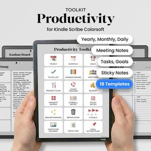 May include: A digital productivity toolkit for Kindle Scribe Colorsoft featuring 18 templates including yearly, monthly, and daily planners, meeting notes, task lists, and a Kanban board. The interface displays a grid of icons for various organizational tools.