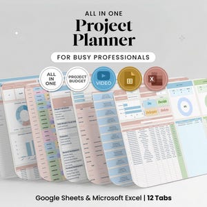 May include: A digital project planner template for Google Sheets and Microsoft Excel featuring 12 tabs. The interface displays various charts, task lists, and budget trackers in a soft color palette. Text includes ALL IN ONE PROJECT PLANNER.