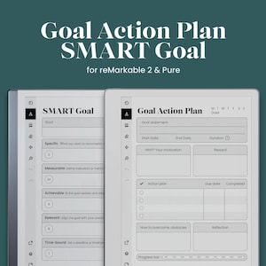 Op de afbeelding: Twee digitale tabletschermen met een sjabloon voor een doelactieplan en SMART-doel voor reMarkable 2 en Pure. De interface bevat gestructureerde velden voor doelstellingen, motivatie, beloningen, actieplannen, vervaldata en reflectiesecties.