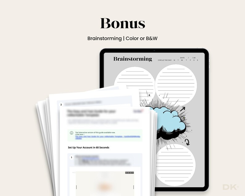 以下が含まれることがあります： クラウドグラフィックと線付きの円があるタブレットのデジタルブレインストーミングテンプレート。画像には、「Set Up Your Account in 60 Seconds」と「Bonus」を含むテキストが書かれた白い紙の束も表示されています。