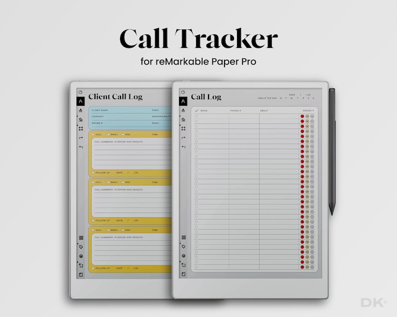 Call Tracker for Remarkable Paper Pro Template Contact List Note ...