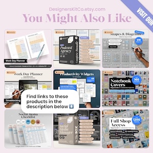 K&ouml;nnte beinhalten: Eine digitale Produktcollage mit einem Tagesplaner, einem Podcast-Agentur-Paket, Formen und Diagrammen, Produktivit&auml;ts-Widgets, Notizbuch-Covern, einer Social-Media-Checkliste, einem Social-Media-Manager-Kit und vollem Shop-Zugang.