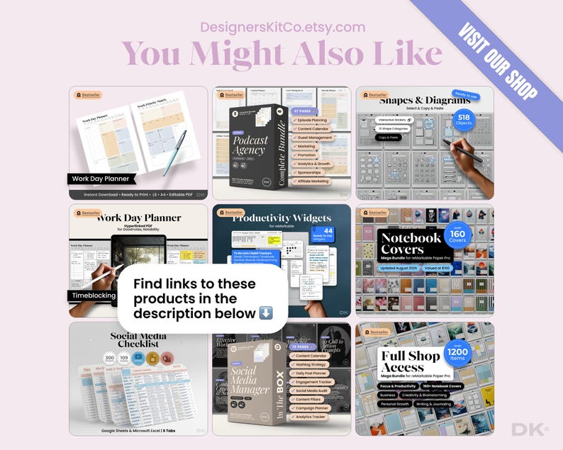 K&ouml;nnte beinhalten: Eine digitale Produktcollage mit einem Tagesplaner, einem Podcast-Agentur-Paket, Formen und Diagrammen, Produktivit&auml;ts-Widgets, Notizbuch-Covern, einer Social-Media-Checkliste, einem Social-Media-Manager-Kit und vollem Shop-Zugang.