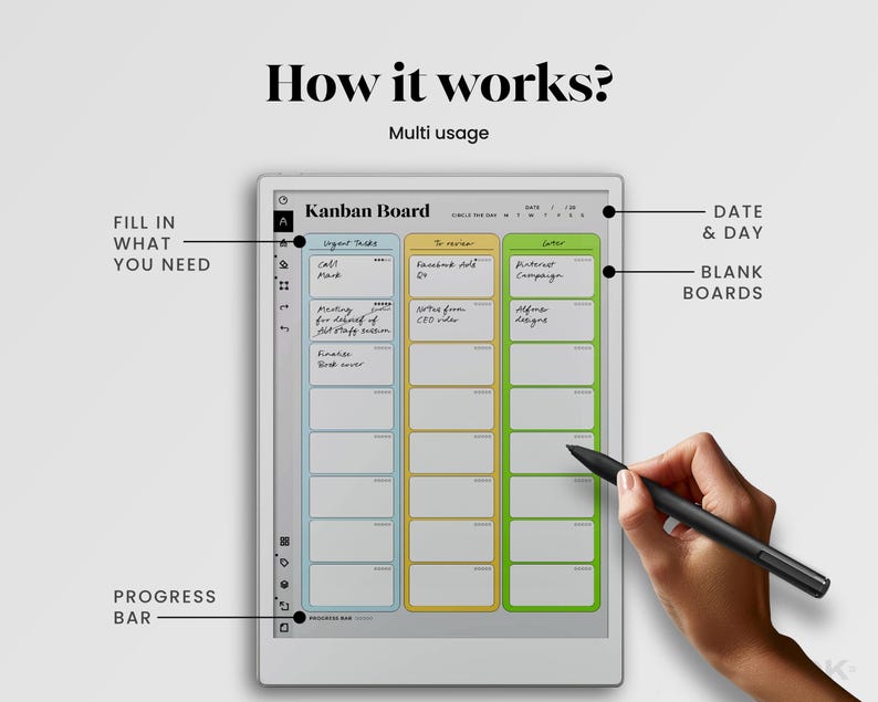 Kanban Board for reMarkable Paper Pro Template Kanban Board Digital Planner Checklist Template Organizer for rMPP Toolbar Wide Space Rule