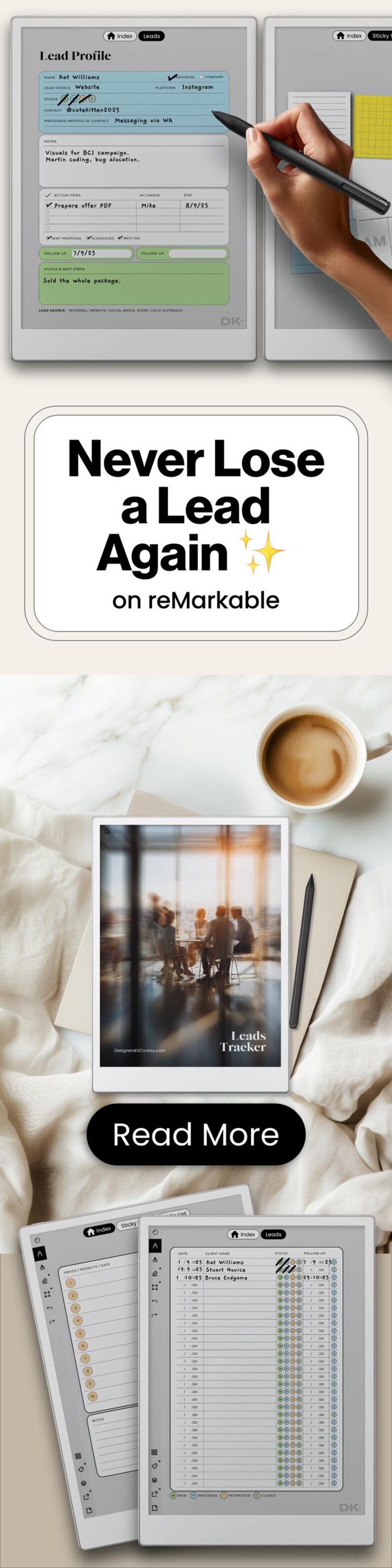 Leads Tracker for reMarkable Pro Template Client Tracker Lead Log fits reMarkable Paper Pro Sales Agency Potential Clients Notebook Manager