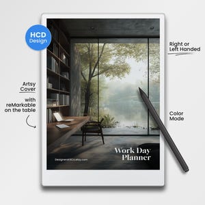 May include: A white tablet with a black stylus, featuring a Work Day Planner design. The tablet displays an interior scene with a desk, chair, and large window. Text on the tablet includes "Artsy Cover" and "Right or Left Handed". The Etsy shop name is also visible.