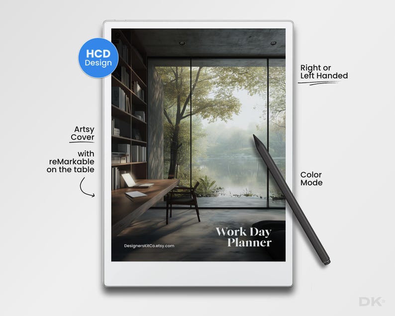 May include: A white tablet with a black stylus, featuring a Work Day Planner design. The tablet displays an interior scene with a desk, chair, and large window. Text on the tablet includes "Artsy Cover" and "Right or Left Handed". The Etsy shop name is also visible.