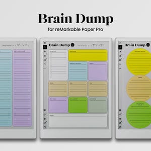 May include: Three digital notepads with the title "Brain Dump for reMarkable Paper Pro". The first notepad has two columns with lined sections for "Personal" and "Get Your Groove On". The second notepad has a grid layout with sections for "To Do List", "Daily", "Random Thoughts", "Goals", "New Ideas", "Challenges", "Questions", and "Notes". The third notepad has a circular layout with sections for "Previous Thoughts", "Goals", "Notes", "Enthusiasm", "Incomplete Tasks", and "Lessons".