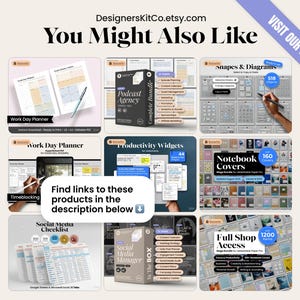 以下が含まれることがあります： DesignersKitCo.etsy.comのプロモーション画像。デジタル製品のグリッドが表示されています。製品には、生産性、ソーシャルメディア、ポッドキャスティング用のプランナー、テンプレート、バンドルが含まれています。「You Might Also Like」というテキストが表示されています。